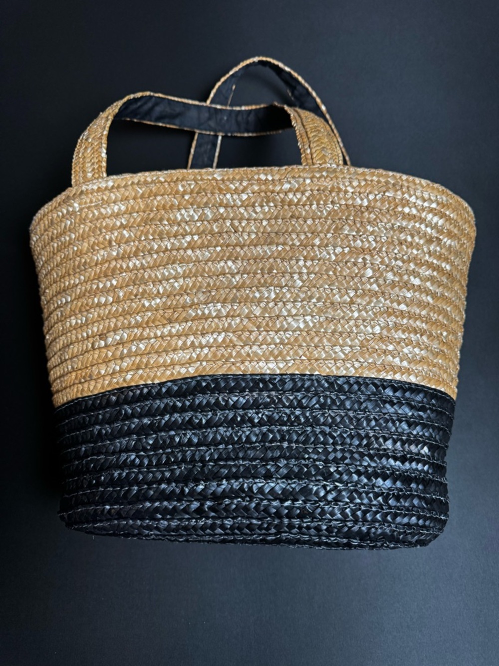 Neiman Marcus Two Tone Woven Straw Tote Black Tan Coastal Summer Minimalist